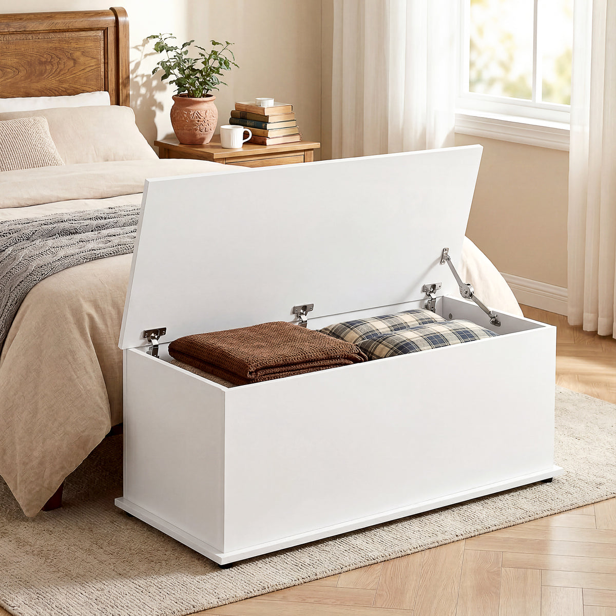 Coffre de rangement, banc de rangement avec couvercle rabattable et charnières de sécurité, banc chaussures, meuble d'entrée, couloir, chambre, salon, 100 x 40 x 40 cm, blanc-1