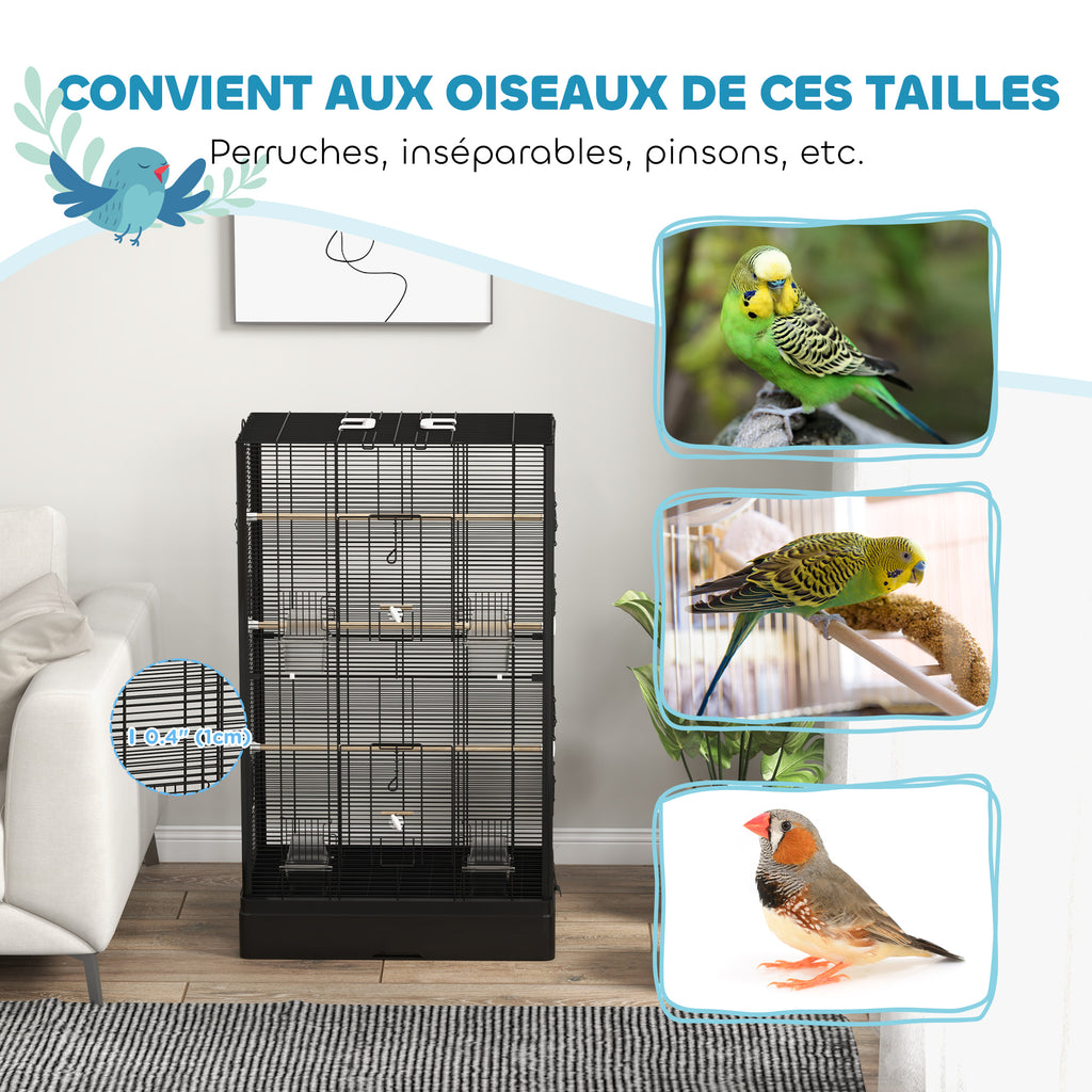 Cage à oiseaux volière avec portes perchoirs cage pour canaris perruches perroquets 61 x 36,5 x 98 cm noir-5