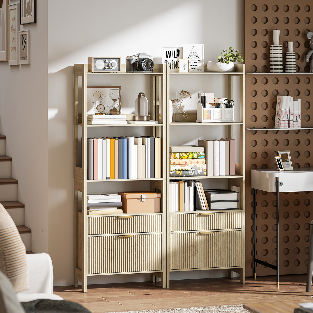Bibliothèque haute, meuble de rangement avec 4 étagères ouvertes et 2 tiroirs cannelés, 60 x 30 x 160 cm, bois naturel-8
