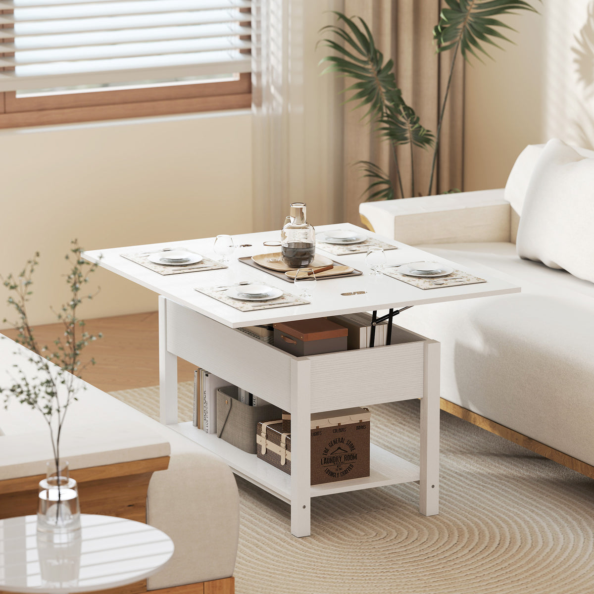 Table basse relevable et extensible table de salon avec compartiment caché étagère ouverte 100x45x50,5cm blanc-8