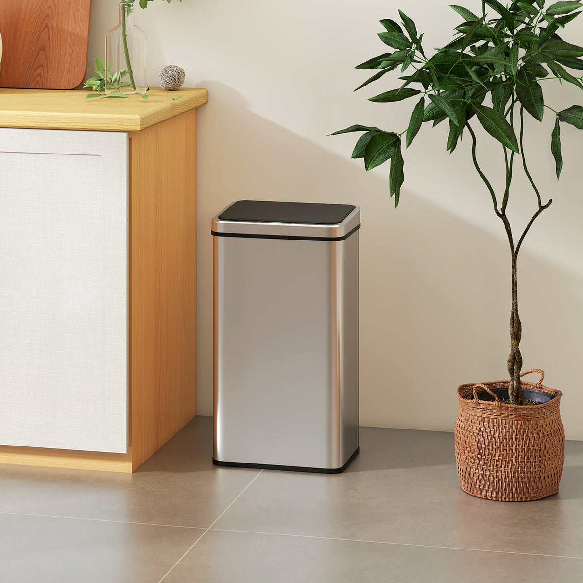 Poubelle à Capteur de 50L, Couvercle à Fermeture en Douceur, Poubelle de Cuisine Automatique Acier Inoxydable, Argenté-1
