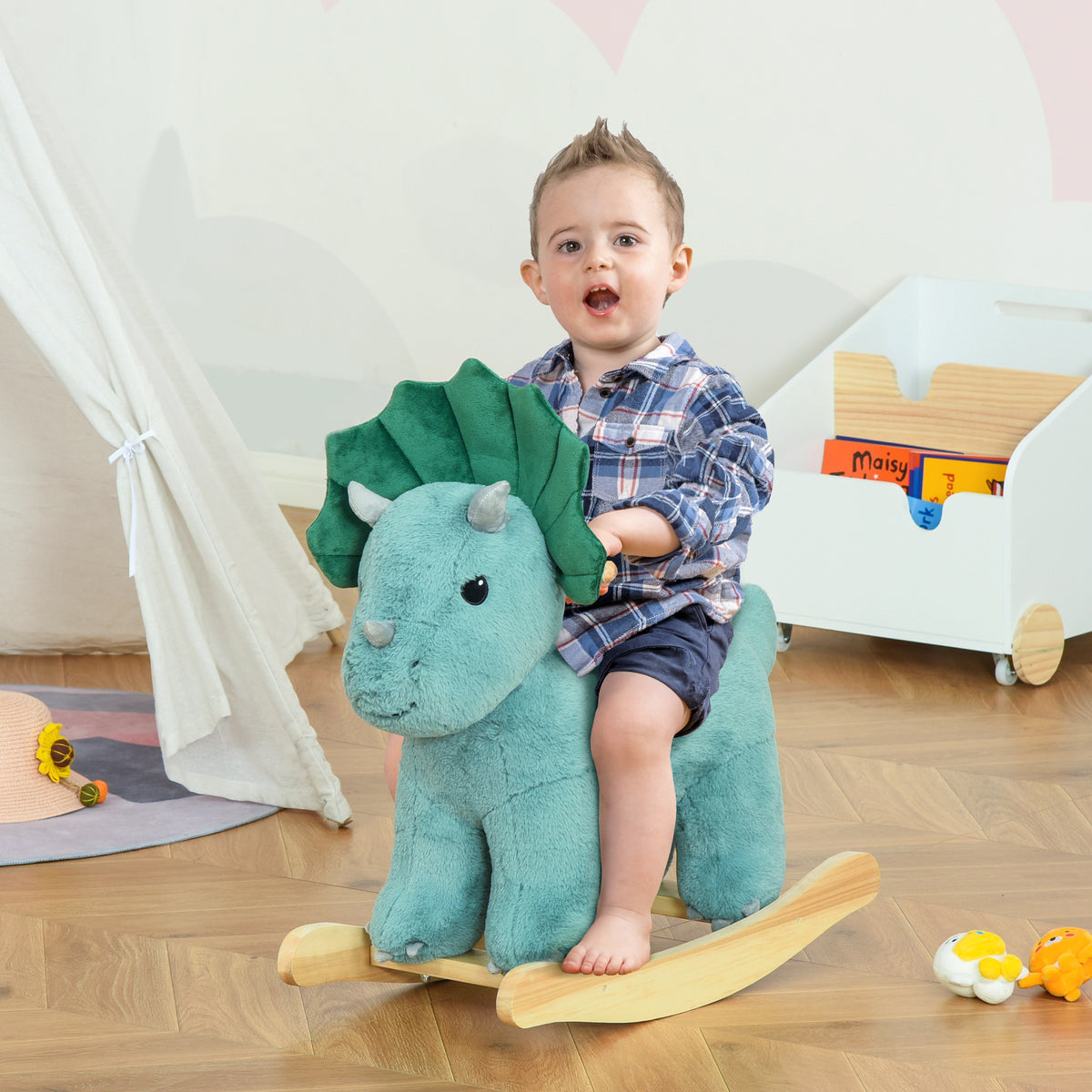 Jouet à Bascule Dinosaure Effet sonore Rugissement Bois peuplier Peluche Courte Polyester Vert d'eau-9