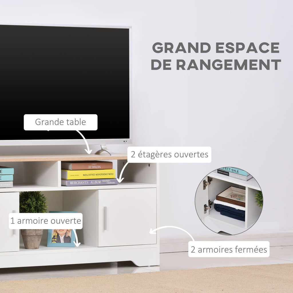 Meuble TV banc TV en bois grand espace de rangement avec 2 compartiments ouverts 2 armoires à porte une armoire ouverte 105 x 40 x 52 cm blanc-4
