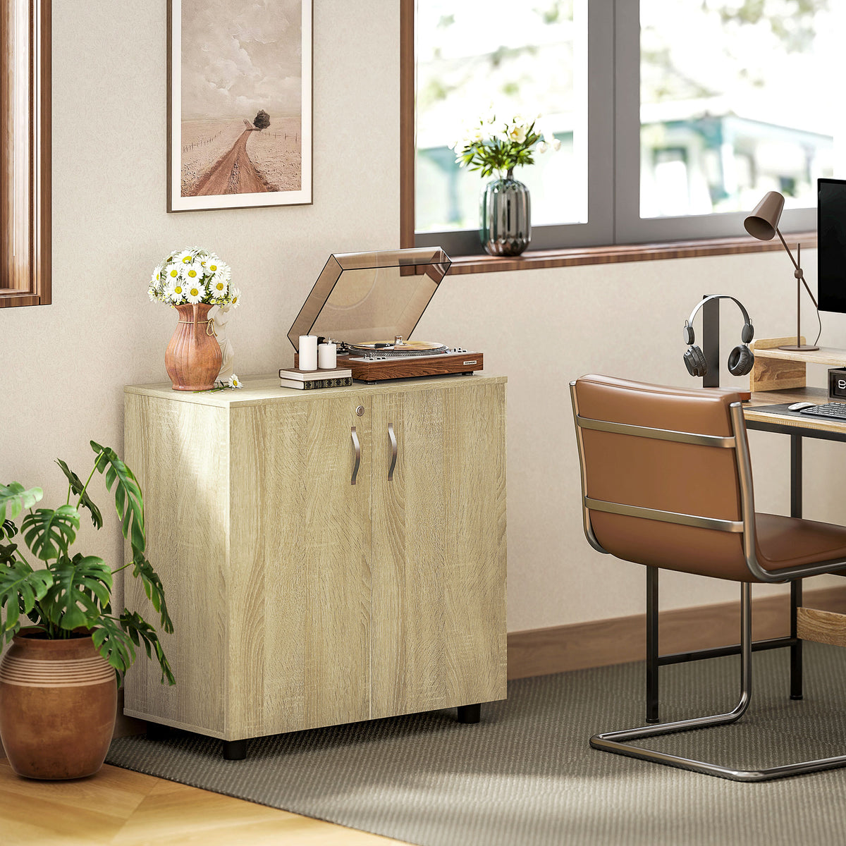 Armoire de bureau à 2 niveaux, meuble de rangement bureau avec 2 portes, serrures et clés, 80x40x80cm, chêne-7