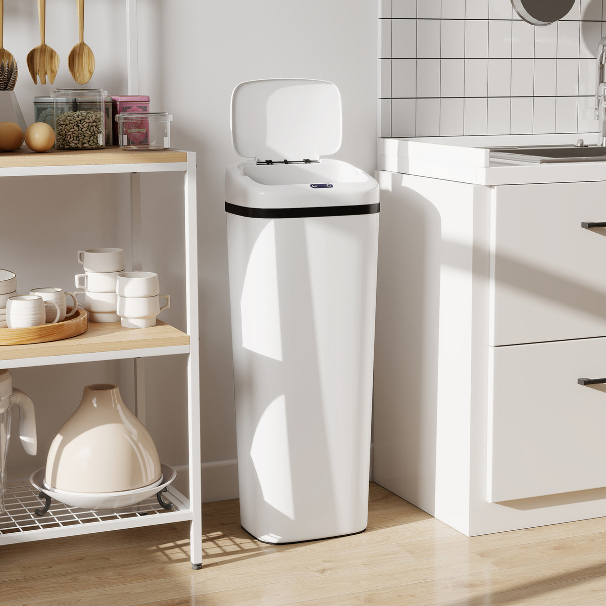 Poubelle cuisine automatique 50L en acier inoxydable, poubelle à capteur de mouvement sans contact, 33x25x84cm, blanc-1