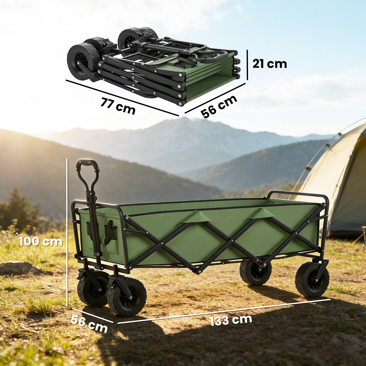 Chariot de Jardin Pliable 130L avec Roues, Remorque Robuste avec Freins, Poignée Réglable, vert-2