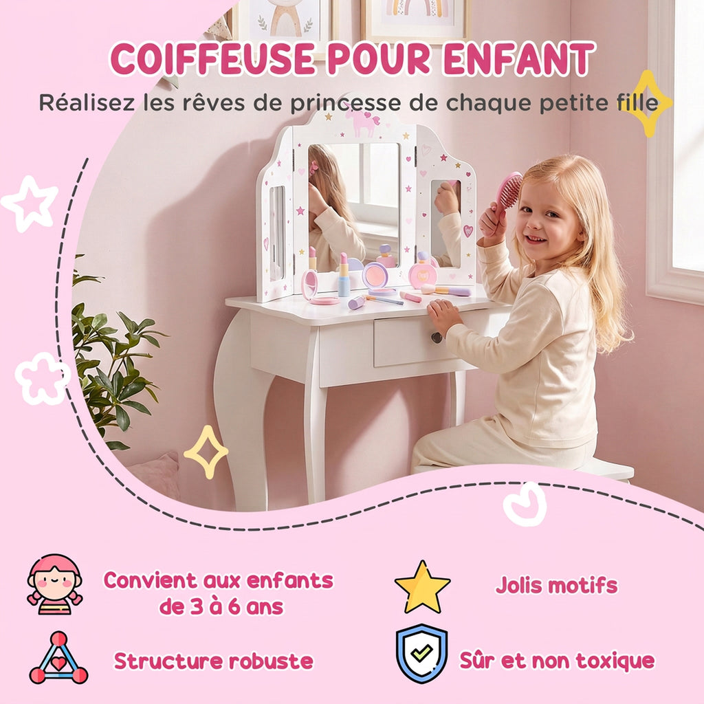 Coiffeuse Enfant avec Tabouret, Miroir triptyque et tiroir Coulissant - Coiffeuse dim. 63L x 40l x 85,5H cm-3