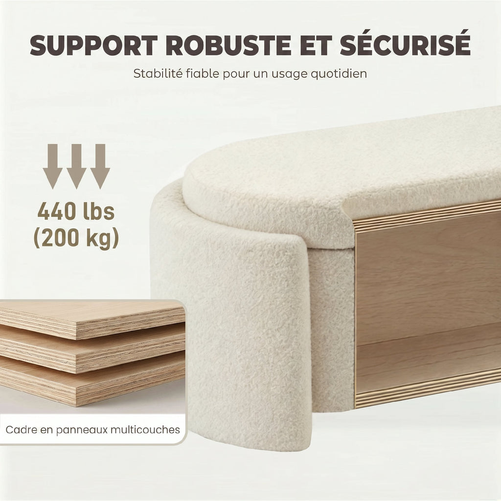 Banc de rangement, bout de lit ovale en polaire Teddy avec assise large, 129 x 48,5 x 44 cm, crème-6
