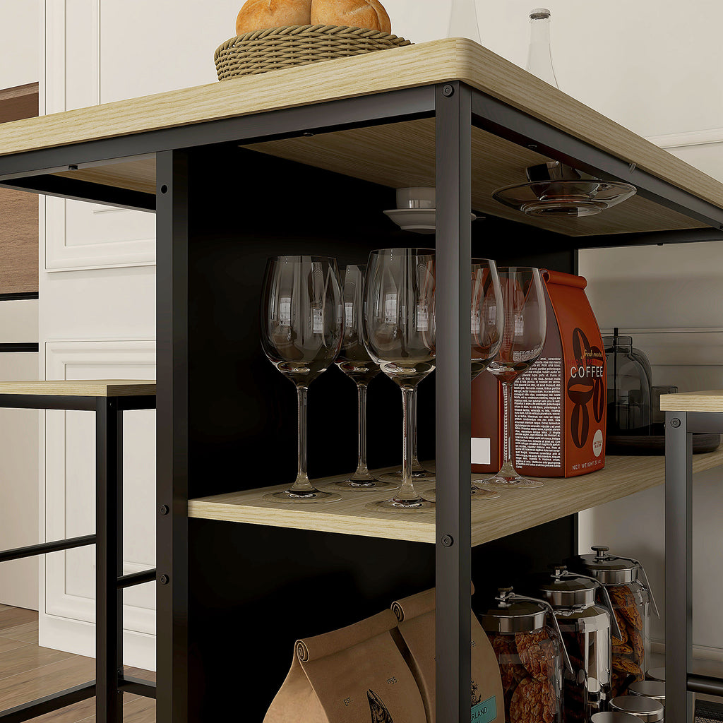 Ensemble table de bar et 2 tabourets style industriel avec étagère de rangement, repose-pieds, métal noir et aspect bois-8