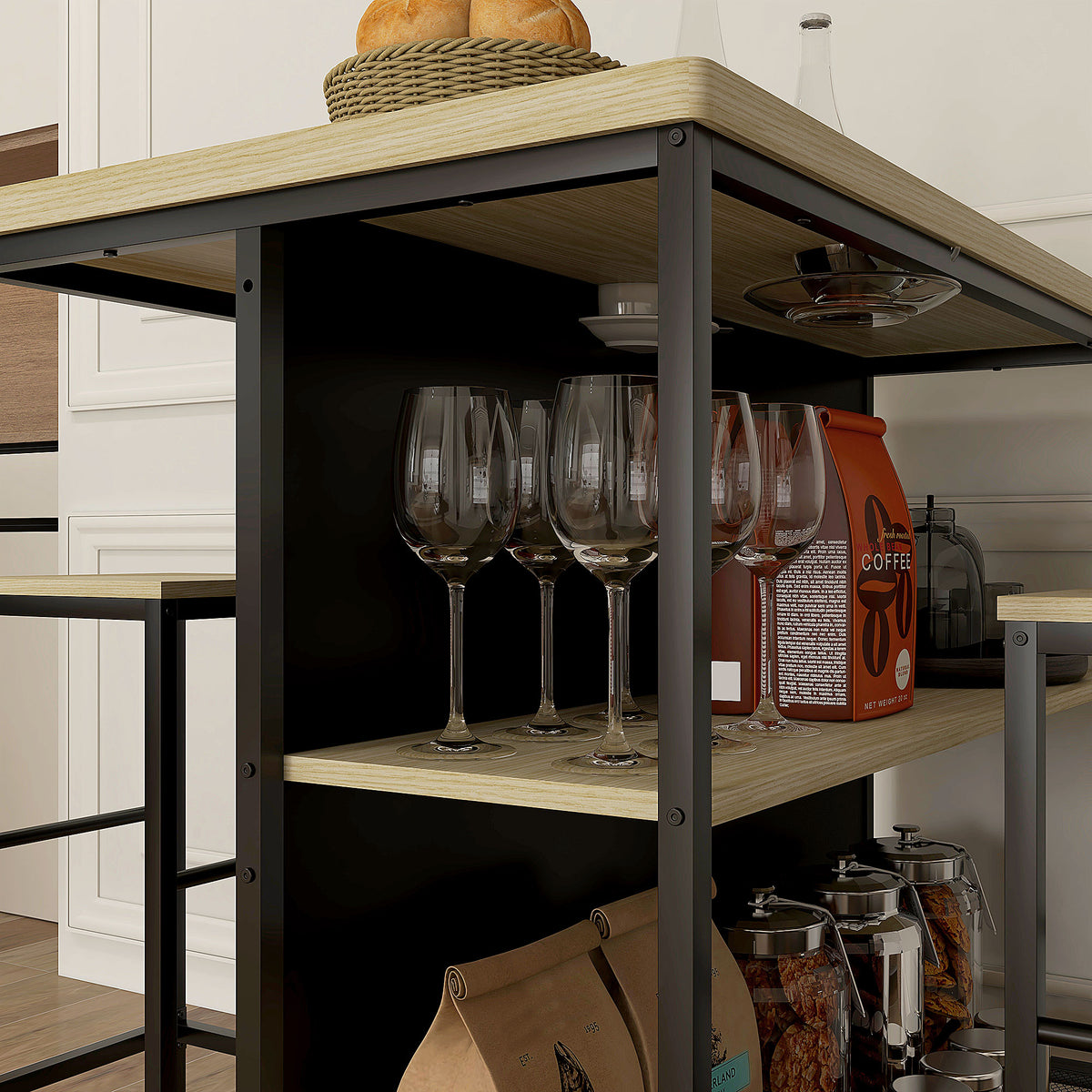 Ensemble table de bar et 2 tabourets style industriel avec étagère de rangement, repose-pieds, métal noir et aspect bois-8