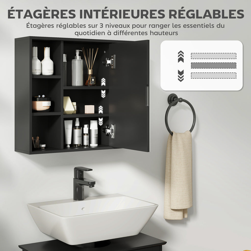 Meuble salle de bain avec miroir, placard à portes et 6 compartiments ouverts, 60 x 14,5 x 49,4 cm, noir-5