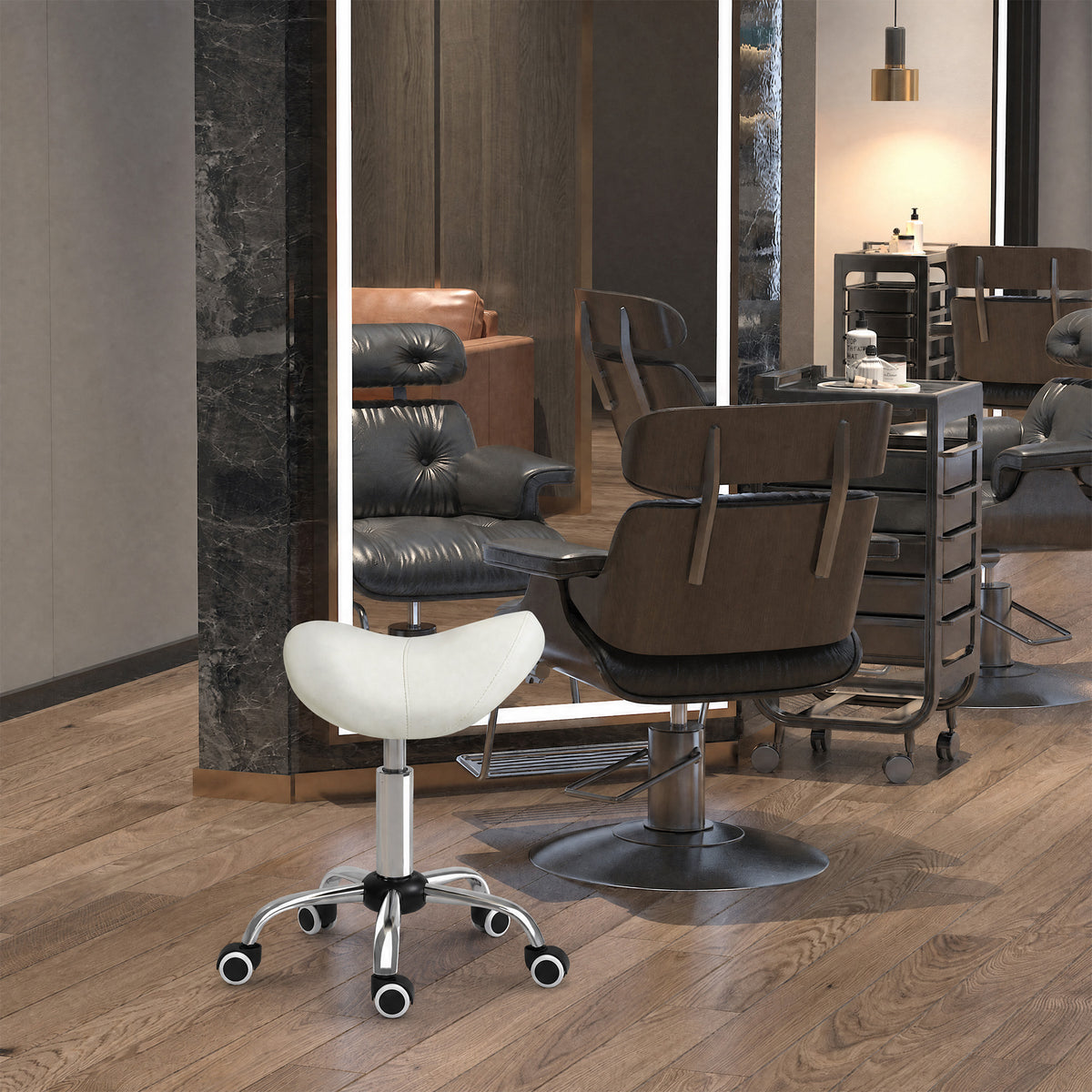Tabouret à roulettes, tabouret de massage avec hauteur réglable 49-61 cm et selle ergonomique, chaise de travail à roulettes pivotant 360°, pour salon de massage tatouage clinique spa, blanc-1