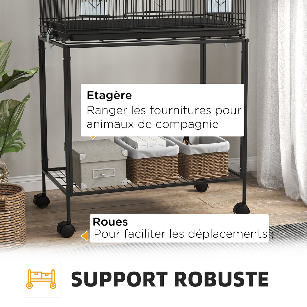 Cage à oiseaux sur pied volière double avec mangeoires perchoirs plateau amovible étagère poignée et roulettes noir-7