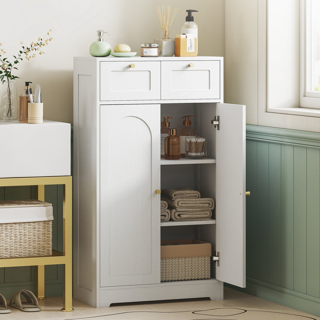 Meuble de salle de bain meuble de rangement avec 2 tiroirs double porte arquée étagères réglables 60x30x108cm blanc-1