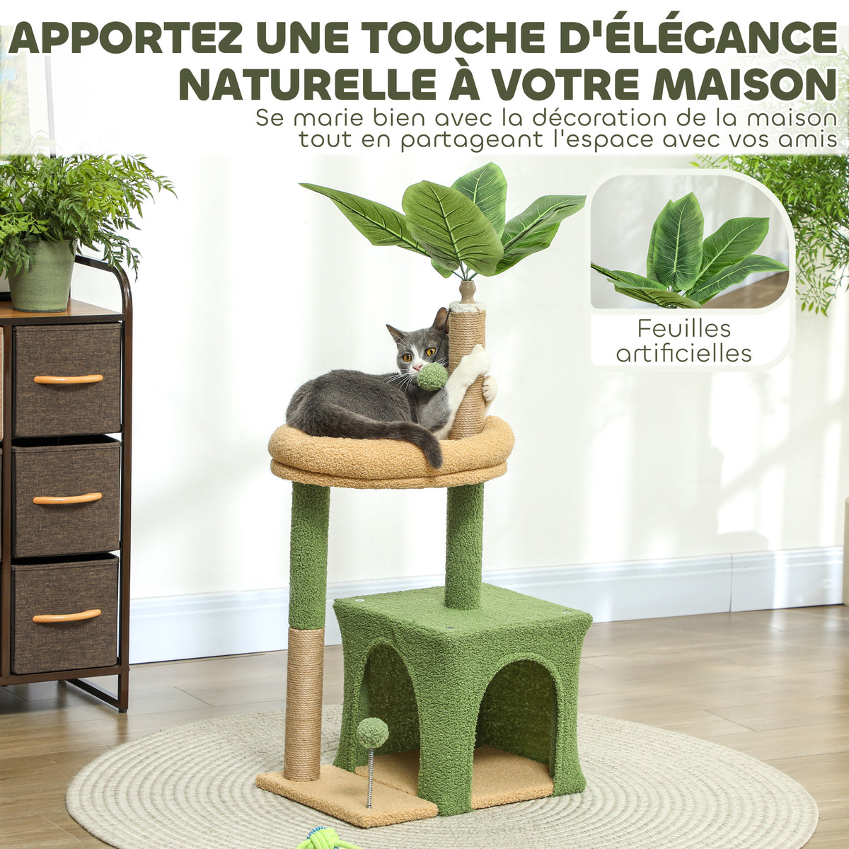 Arbre à chat tour de jeux pour chat avec niche lit griffoirs balles et feuilles artificielles 44 x 30 x 98 cm vert-3