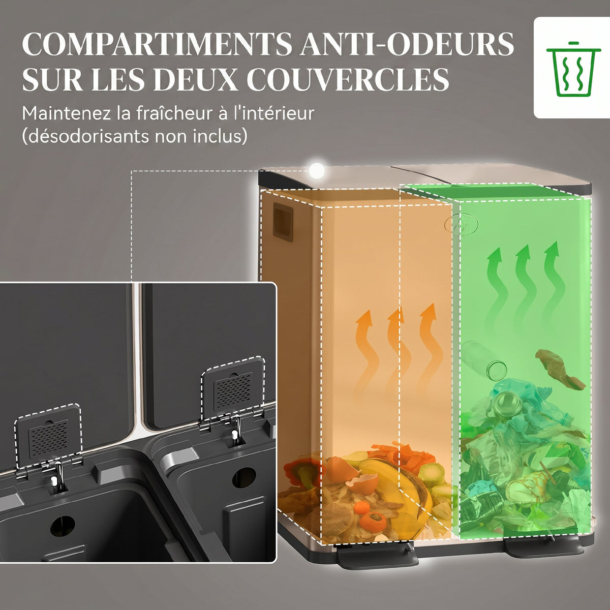 Poubelle de cuisine 2 compartiments de 2 x 20L, acier inoxydable, couvercle à fermeture douce, 45,8x36x51,6cm, or-4