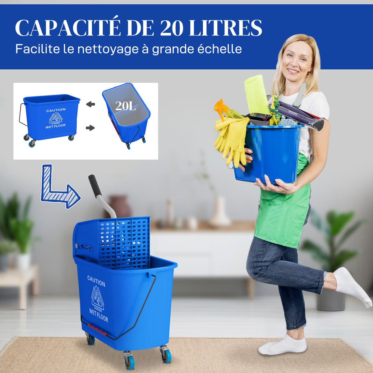 Chariot de nettoyage lavage seau de ménage 20 L avec essoreur et séparateur eau sale propre bleu 60L x 27l x 70,5H cm-3