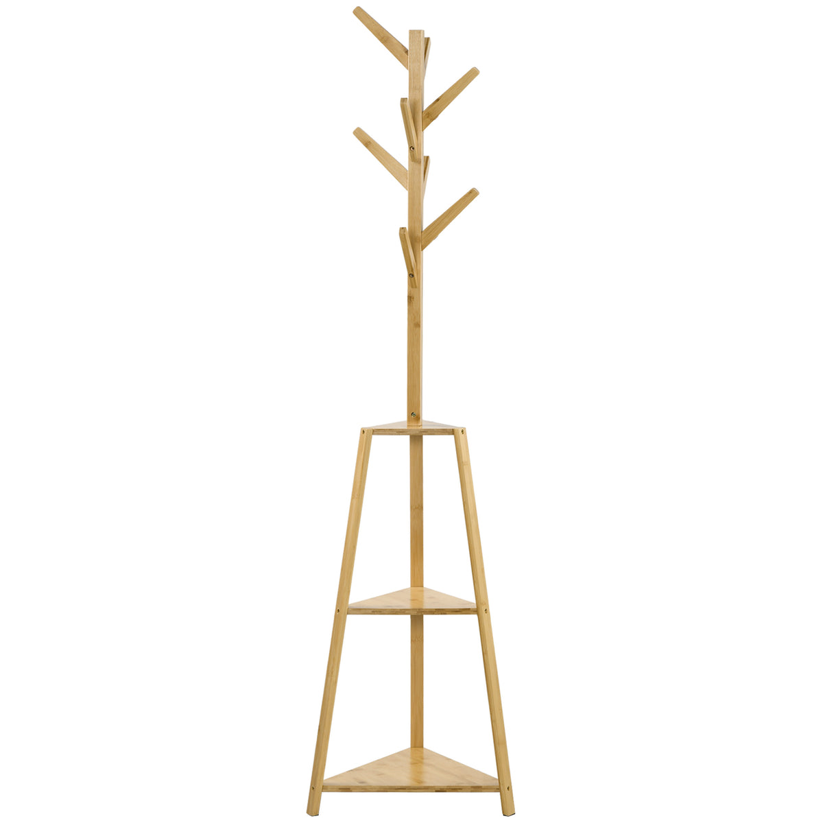 Portemanteau sur pied en bois bambou portant à vêtements 8 patères 3 étagères 46 x 46 x 175 cm naturel-0
