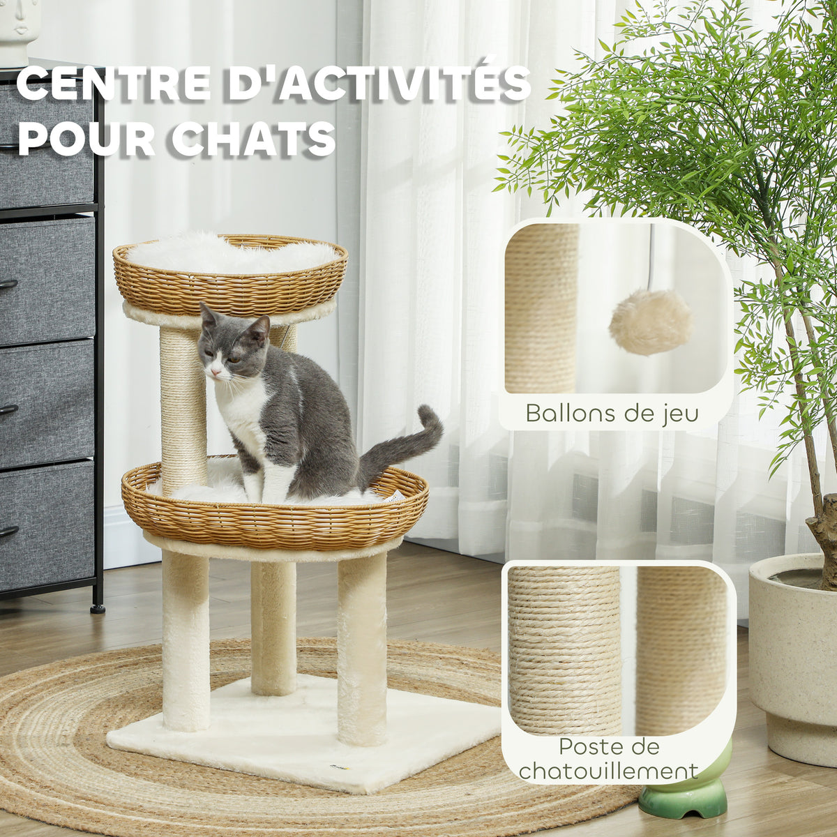 Arbre à chat arbre à grimper hauteur de 75,5 cm avec deux lits pour chat en rotin griffoirs coussins lavables beige-3