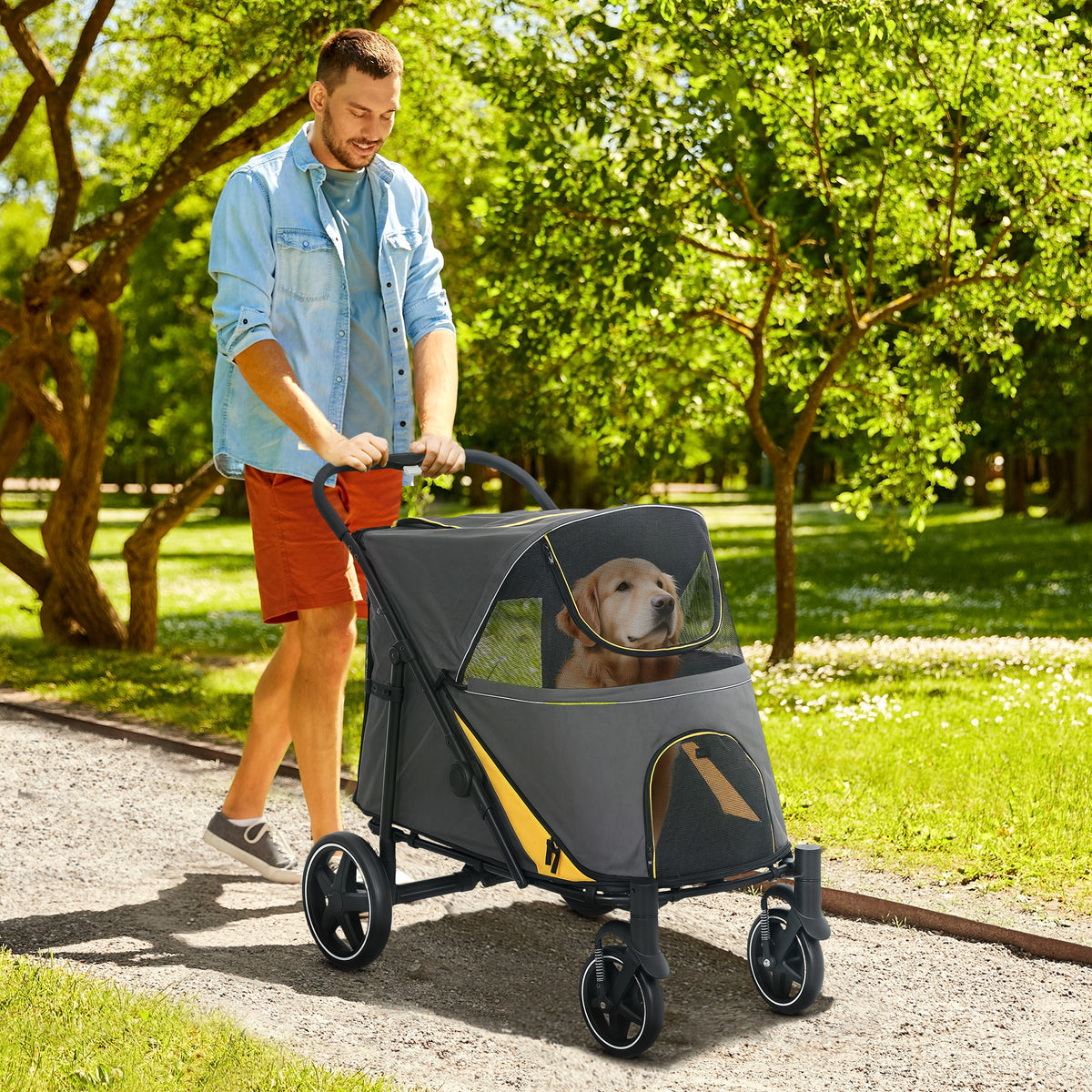 Poussette chien chariot pour chat 4 roues pliage en un clic laisse de sécurité charge 30 kg 112 x 67 x 100 cm gris foncé-1