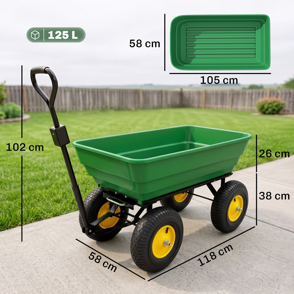 Chariot de Jardin à Main Benne basculante 75° 125L Charge Max. 200 Kg 4 Roues pneumatiques Acier PP Jaune Vert-2