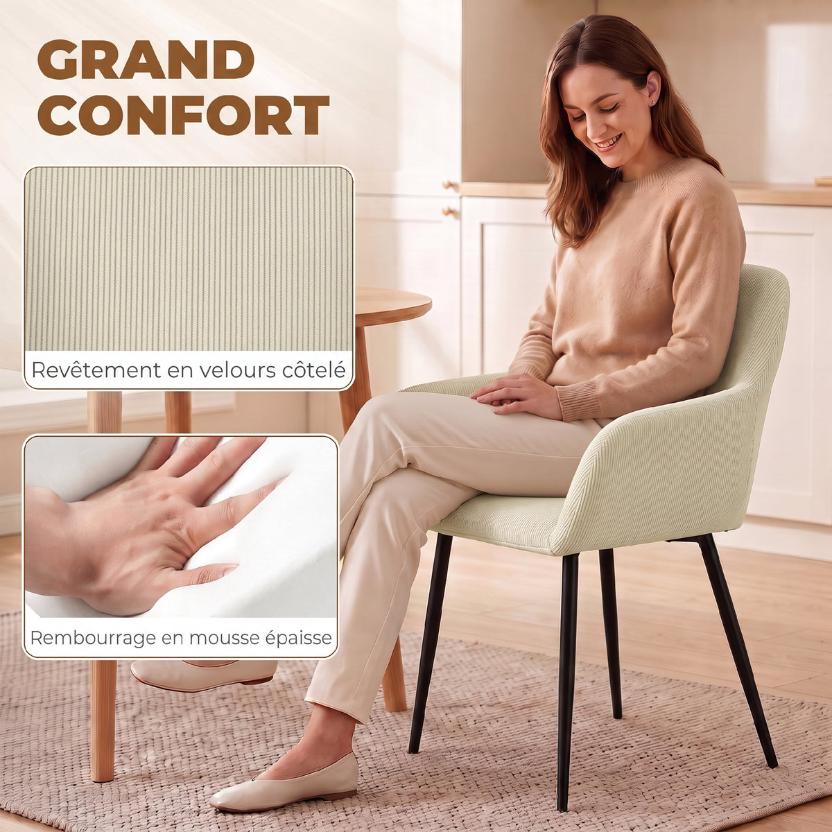Lot de 2 chaises de salle à manger, chaises de cuisine rembourrées en velours côtelé avec accoudoirs et dossier, crème-4