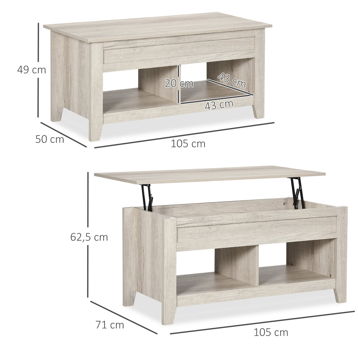 Table basse plateau relevable, table de salon avec étagères et compartiment caché,105 x 50 x 49-62,5 cm pour salon, chambre, aspect chêne clair-2