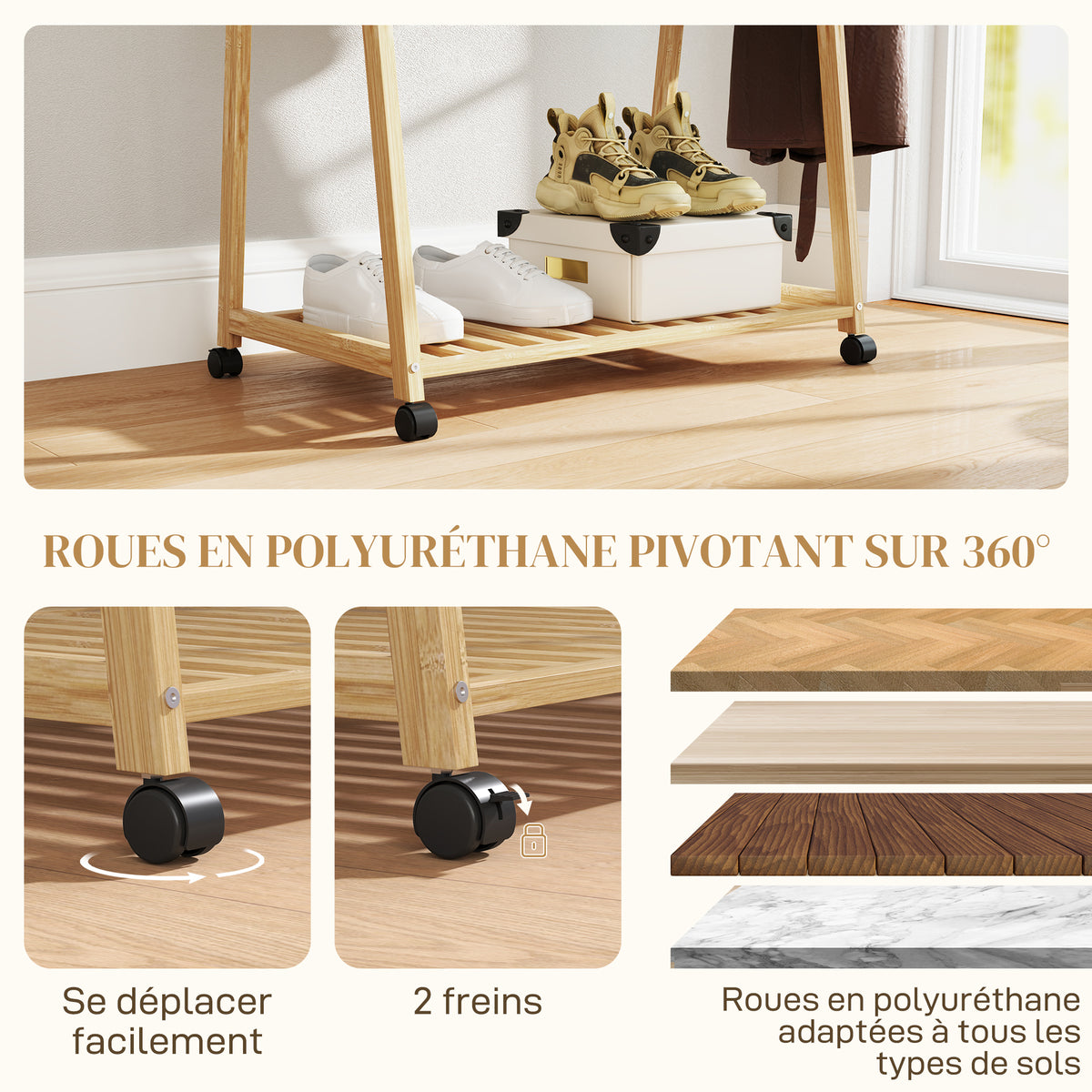 Portant à vêtement portemanteau en bambou sur roulettes avec 2 étagères et 2 crochets, pour entrée, chambre-4