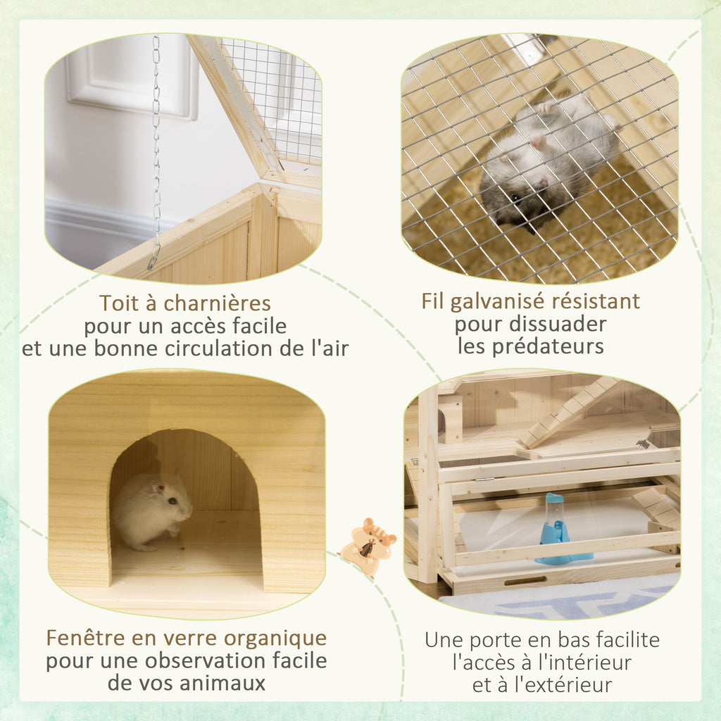 Cage à hamster à 3 niveaux bascules, fenêtres, cabanes, plateau coulissant, 115 x 60 x 55 cm, effet bois naturel-3