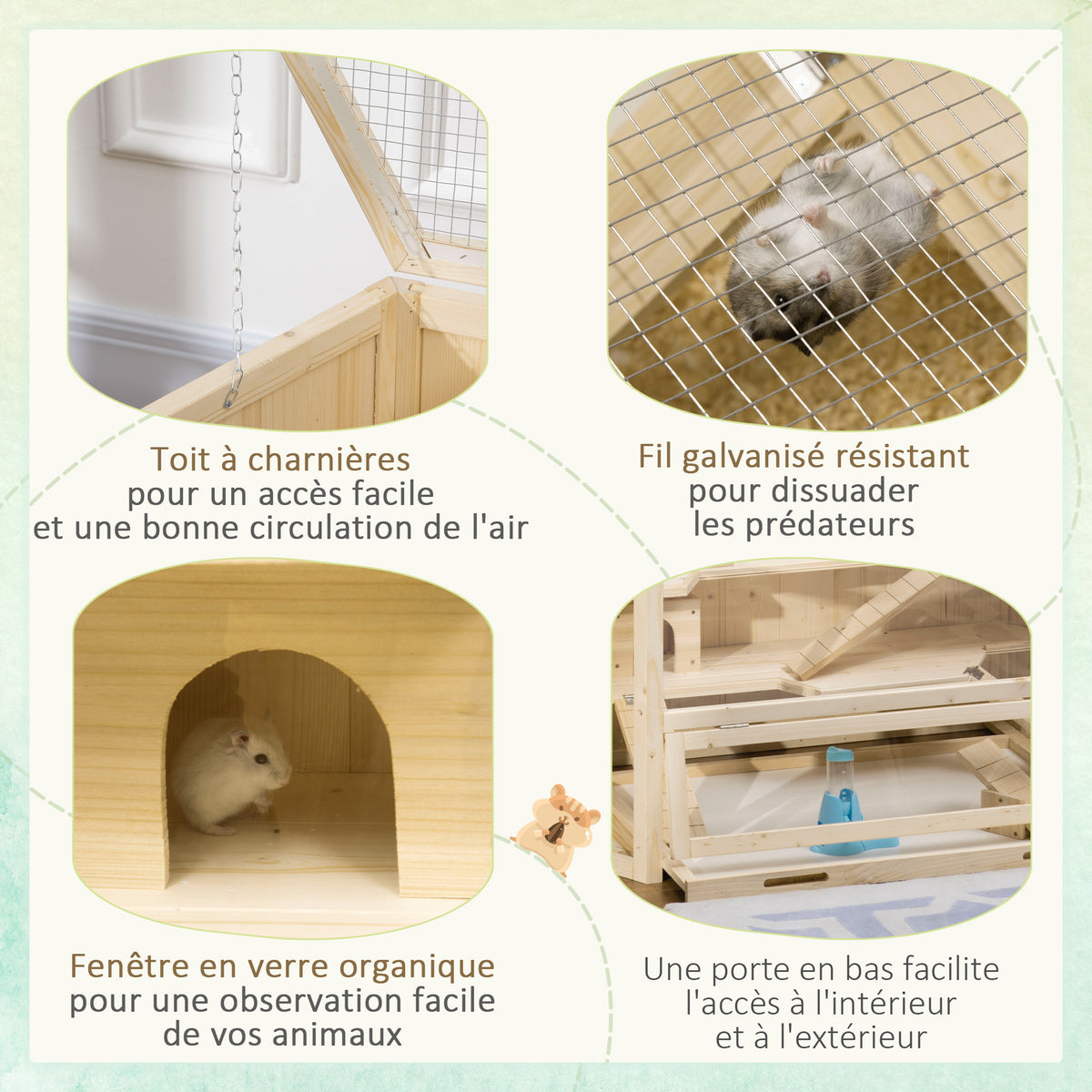 Cage à hamster à 3 niveaux bascules, fenêtres, cabanes, plateau coulissant, 115 x 60 x 55 cm, effet bois naturel-3