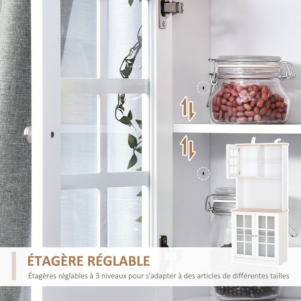 Buffet cuisine, meuble cuisine rangement haut, meuble de rangement avec plan de travail, 3 portes vitrées, 2-5