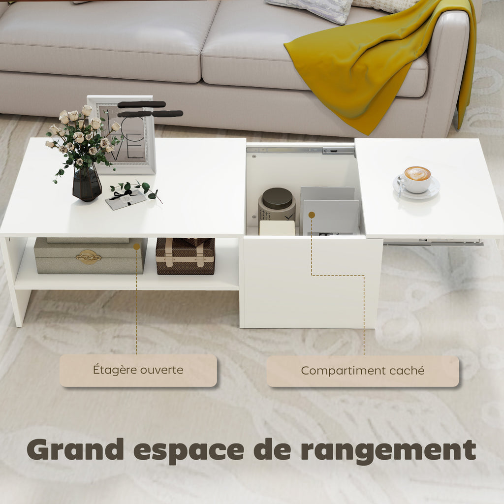 Table basse rectangulaire, table d'appoint plateau coulissant, rangement caché, étagère ouverte, 110 x 52 x 36 cm, blanc-4