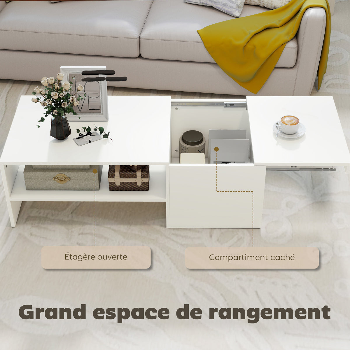 Table basse rectangulaire, table d'appoint plateau coulissant, rangement caché, étagère ouverte, 110 x 52 x 36 cm, blanc-4