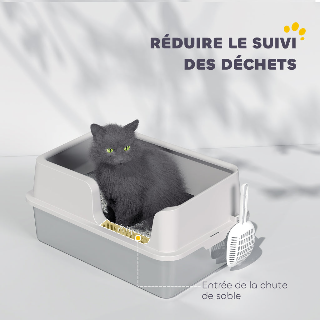 Litière pour chat, bac à litière en acier inoxydable avec côtés hauts pelle nettoyage facile 60 x 40 x 28 cm gris clair-5