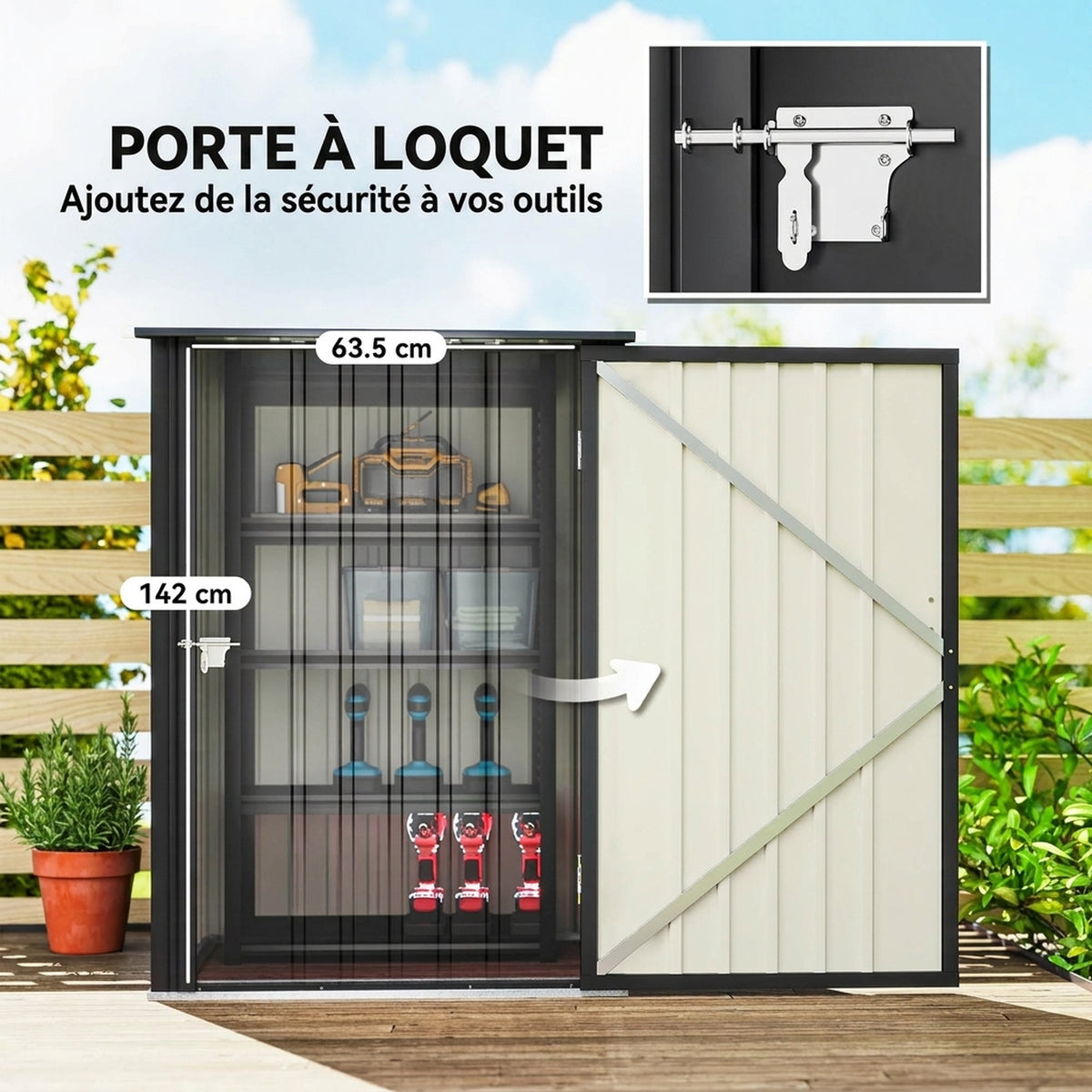 Abri de Jardin en Acier galvanisé 1m², avec Tôle Ondulée, Toit Incliné et Porte Verrouillable, 100x104x160cm, Gris Foncé-4