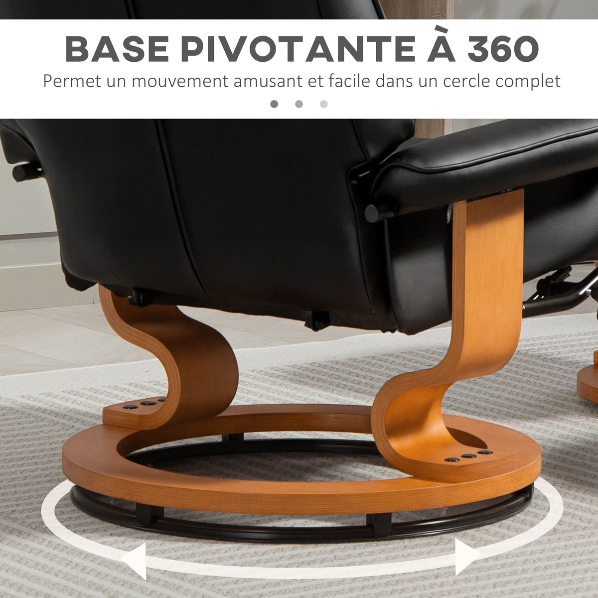 Fauteuil de relaxation inclinable avec repose-pied, pivotant, cadre en bois , revêtement synthétique noir-4