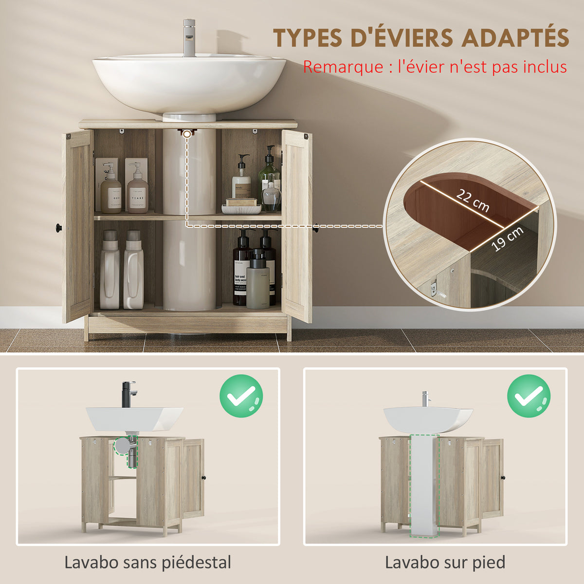 Meuble sous Lavabo, Meuble de Salle de Bain Placard à 2 Portes, Étagère Réglable, Anti-Humidité, 60 x 30 x 60 cm, Gris-3