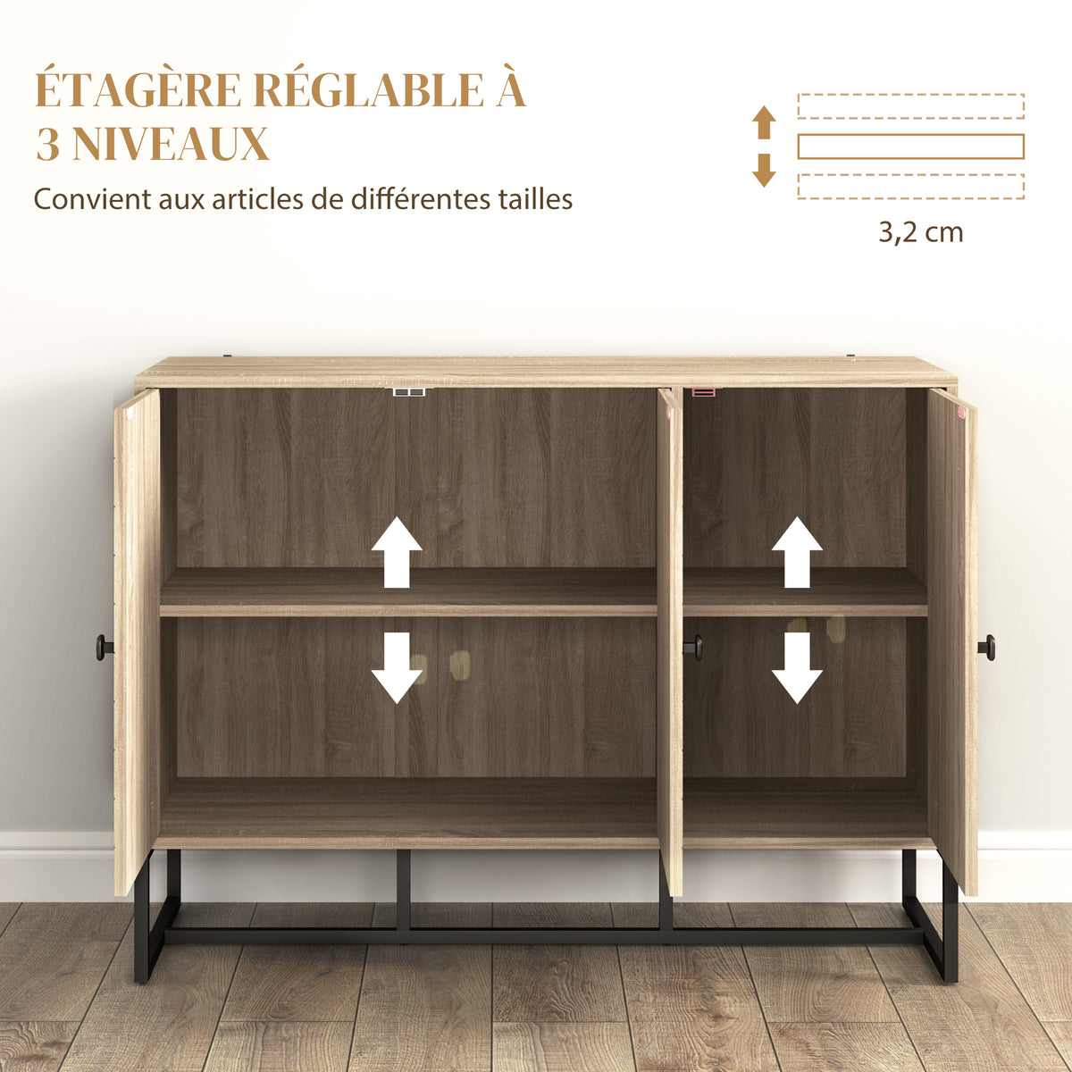 Buffet salon meuble de rangement armoire de cuisine avec placard 2 portes et étagères réglables 108 x 40 x 80 cm, chêne-4