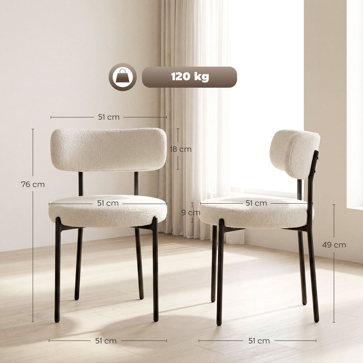 Lot de 4 Chaises Salle à Manger Chaises de Cuisine Rembourrées en Tissu Bouclette Dossier Incurvé Pieds en Acier Beige-2