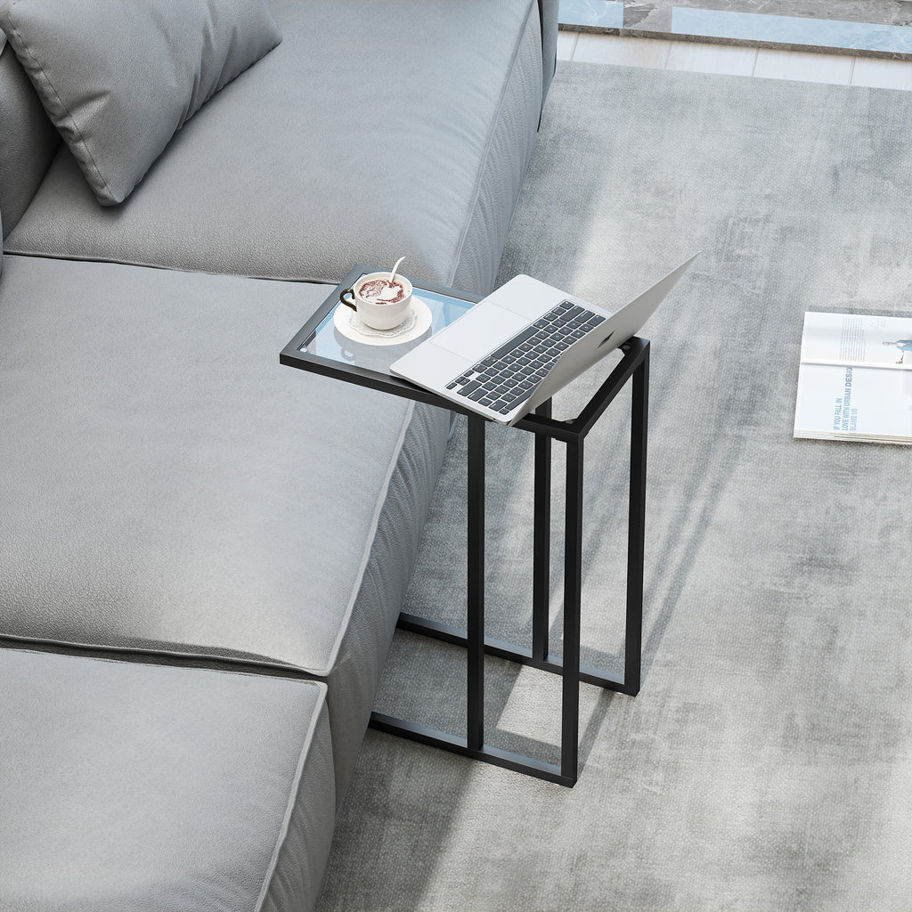 Table d'appoint en forme de C avec plateau en verre trempé, cadre en acier, noir-8