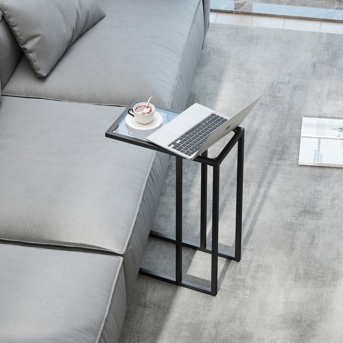 Table d'appoint en forme de C avec plateau en verre trempé, cadre en acier, noir-8