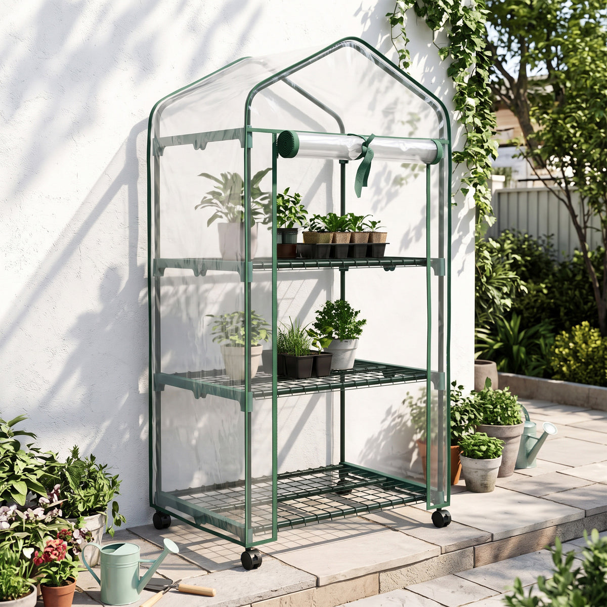 Mini serre de jardin avec 3 étagères, bâche PVC haute densité, porte enroulable 4 roulettes 69 x 49 x 130 cm transparent-1