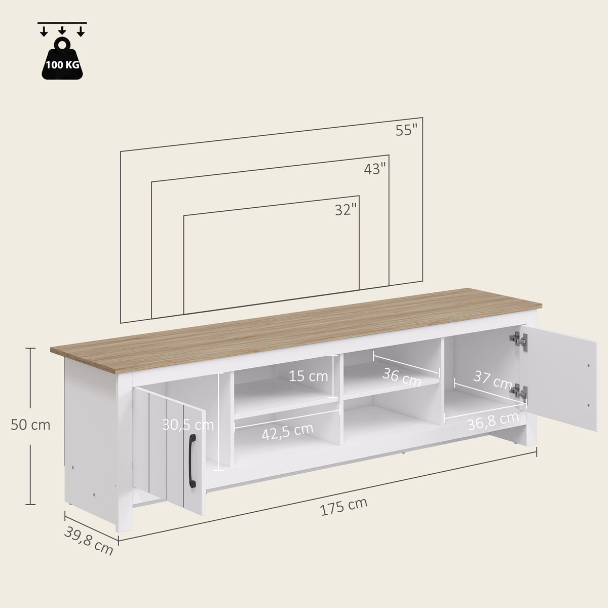 Meuble TV 175 cm, Meuble Télé pour Téléviseur jusqu'à 55 Pouces avec 2 Portes et 4 Compartiments Ouverts, Chêne et Blanc-2