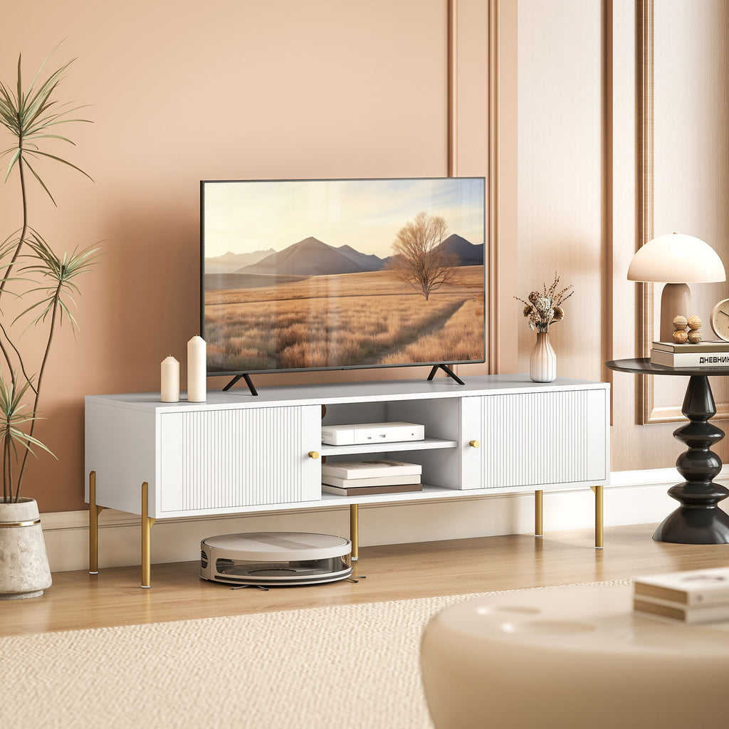 Meuble TV, meuble télé jusqu'à 65 pouces avec 2 portes, 2 compartiments ouverts, pieds en acier, 140x38x45,9cm, blanc-1