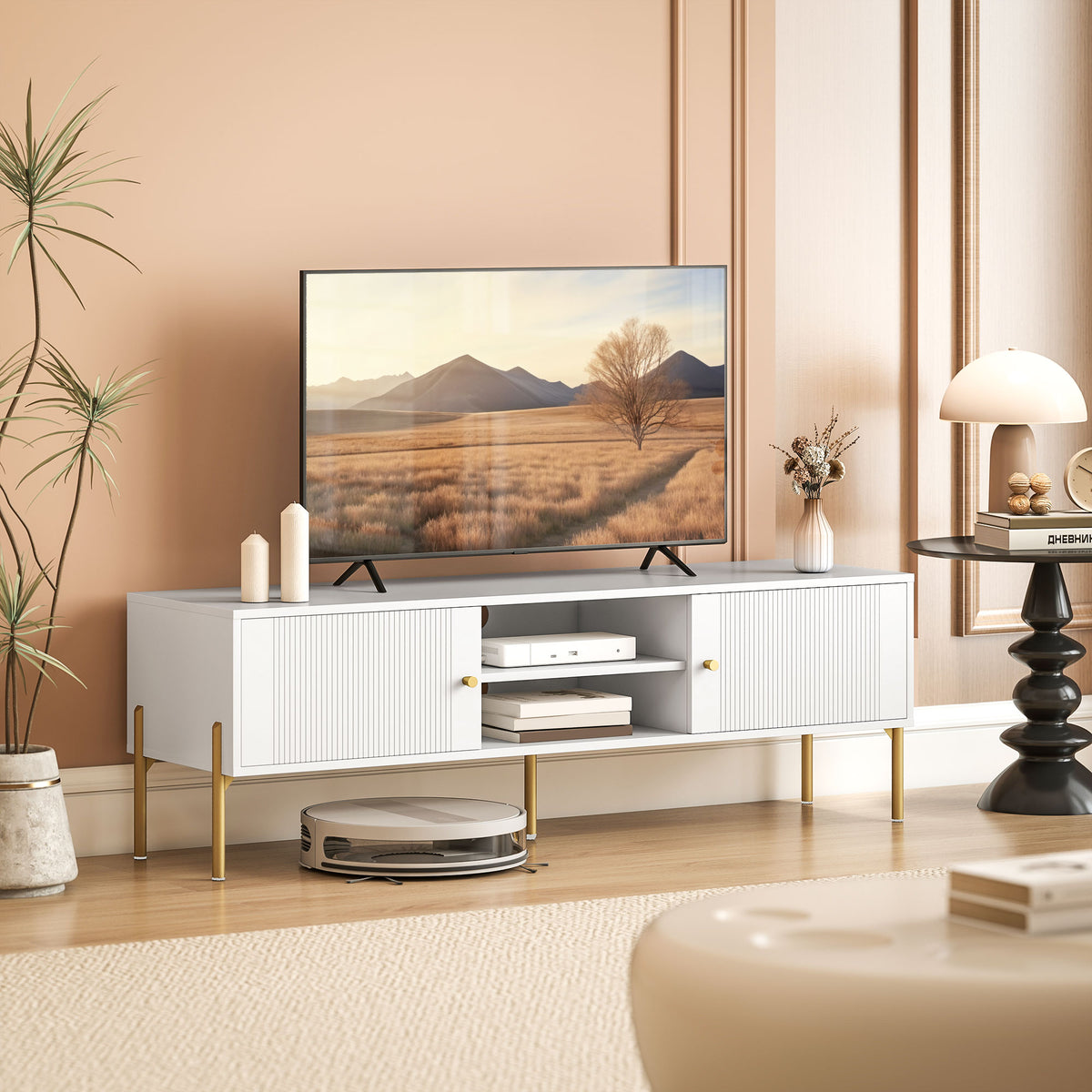 Meuble TV, meuble télé jusqu'à 65 pouces avec 2 portes, 2 compartiments ouverts, pieds en acier, 140x38x45,9cm, blanc-1