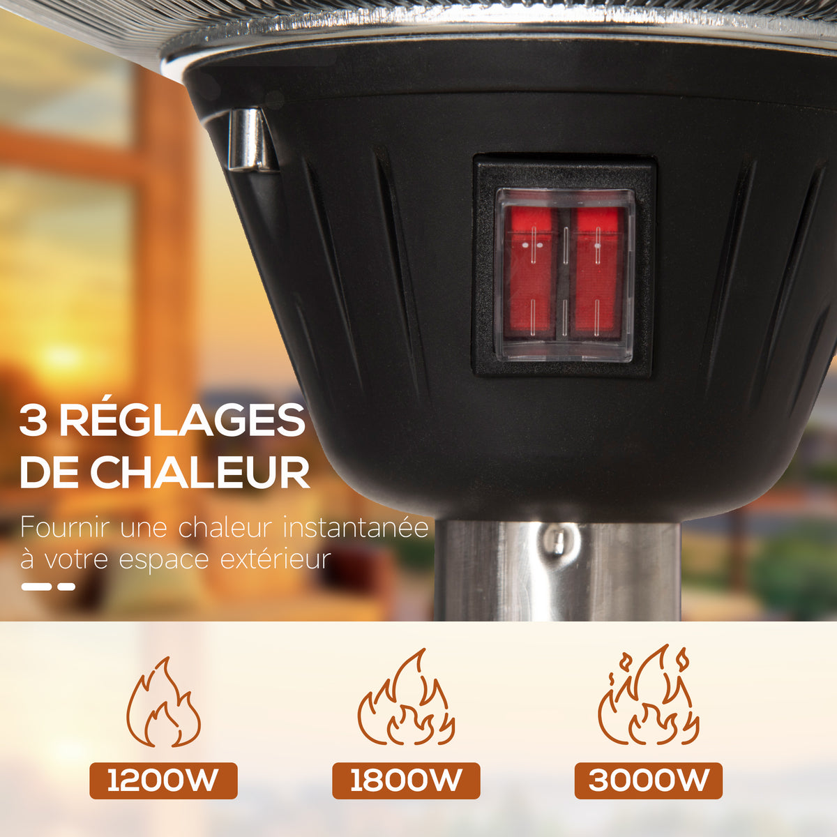 Parasol chauffant électrique 3000W chauffage appoint sans CO₂ 13 m² IP44 - infrarouge pied 3 acier inox. argent-3