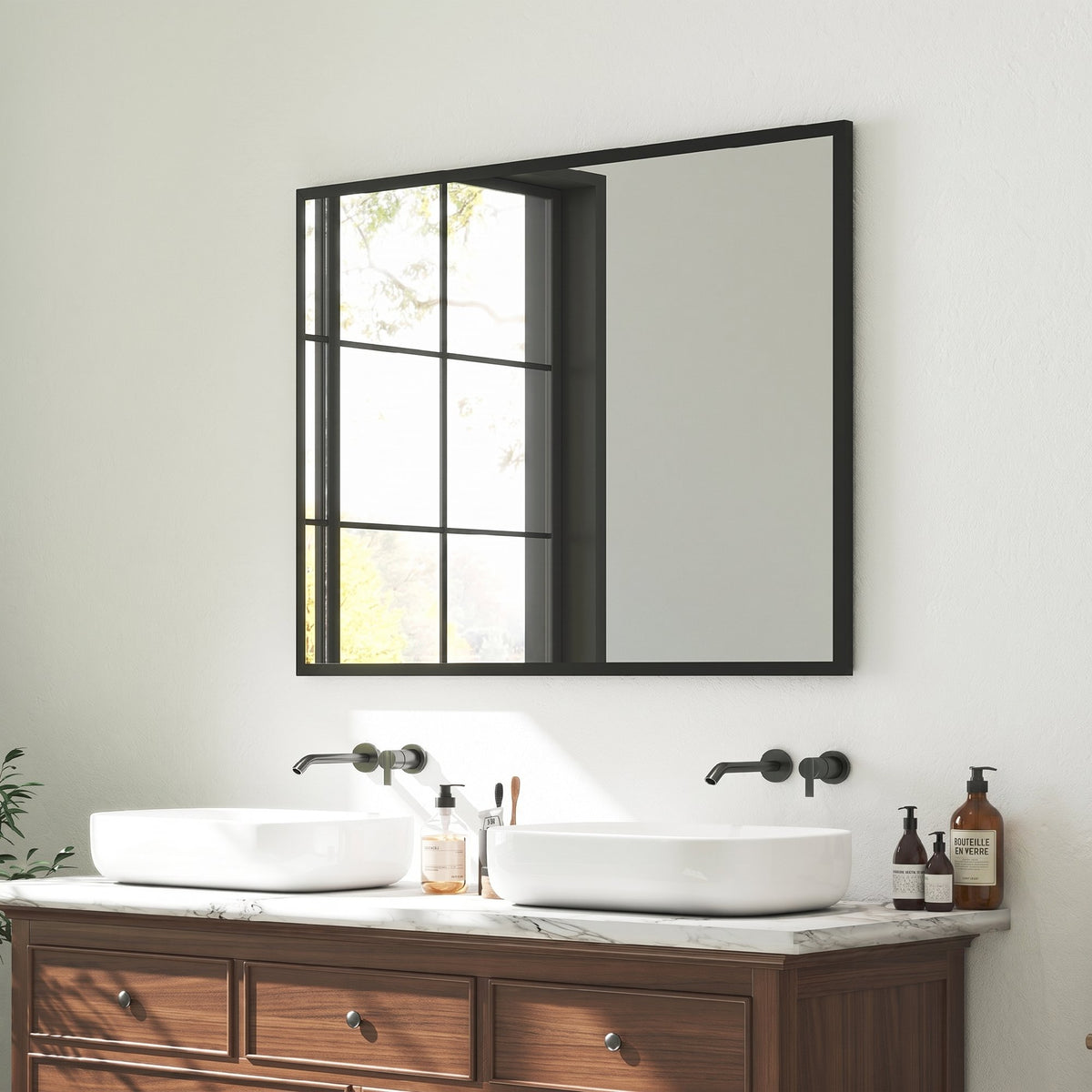 Miroir mural rectangulaire 76 x 101 cm, cadre en bois noir, idéal pour la salle de bain, salon ou chambre-6