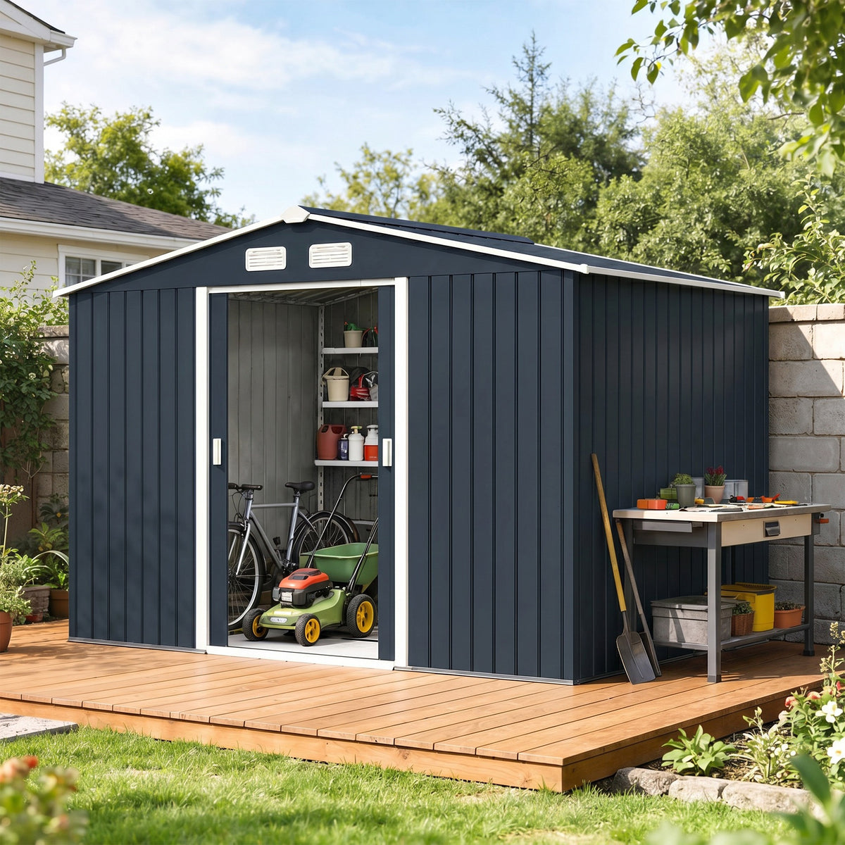 Abri de jardin 5,4 m² 2,77 x 1,95 x 1,92 m kit de fondation porte coulissante ventilations acier galvanisé, gris foncé-1