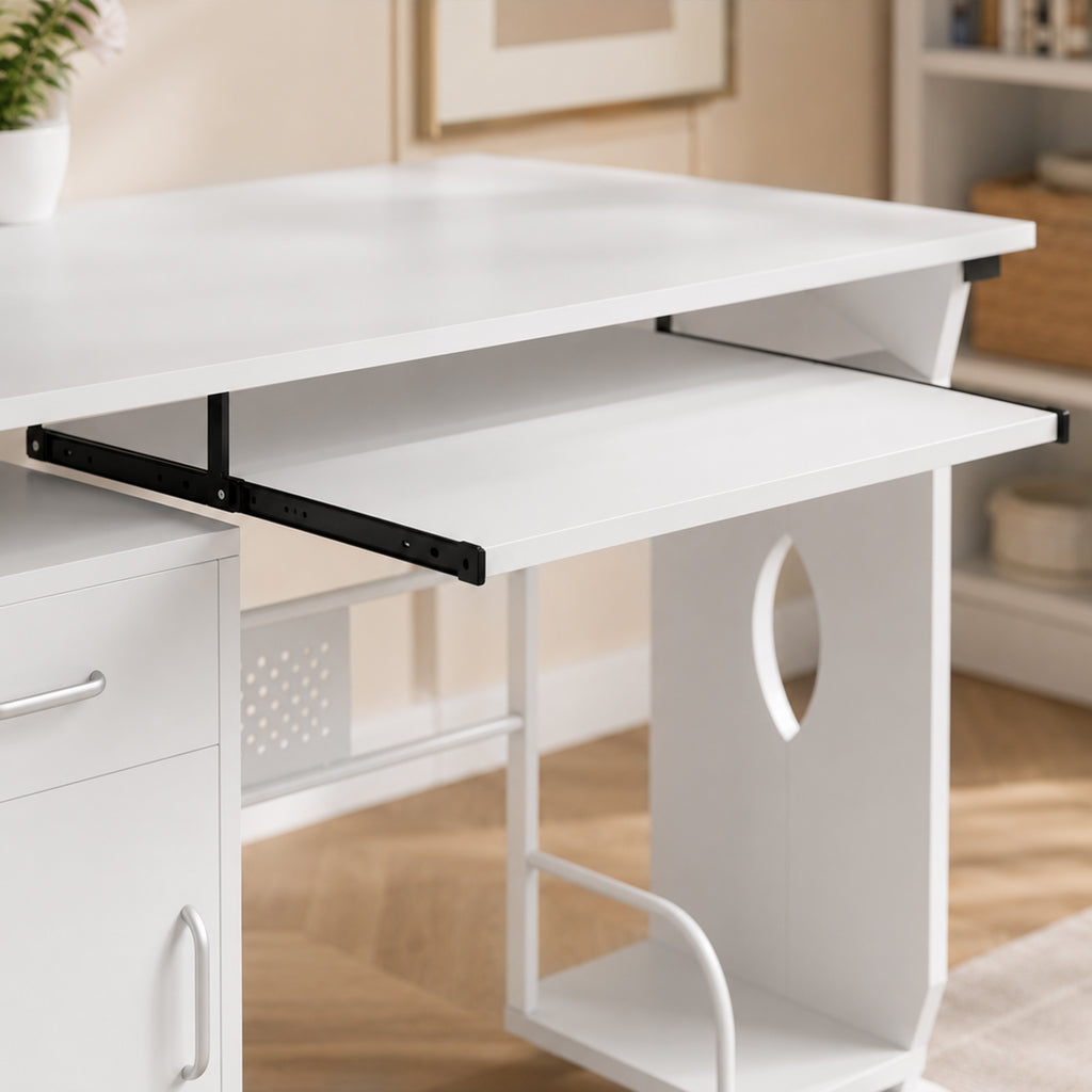 Bureau d'ordinateur, 100 x 52 x 75 cm, tablette coulissante pour clavier, tiroirs et support d'unité centrale, blanc-9