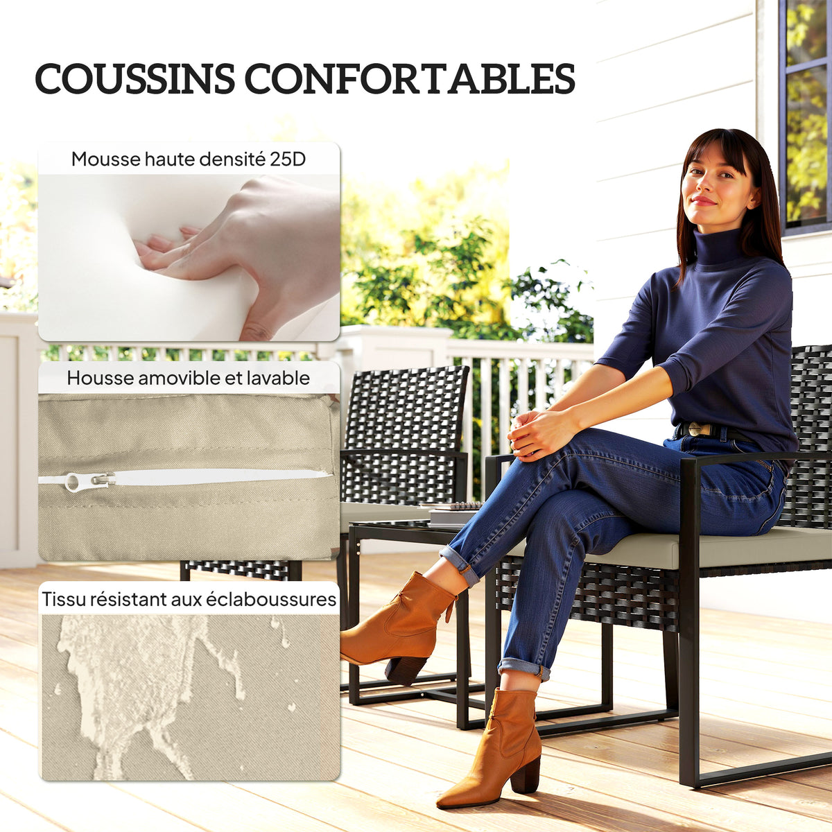 Salon de jardin extérieur en résine tressée 2 personnes, table de jardin avec 2 chaises, plateau en verre trempé, marron-5